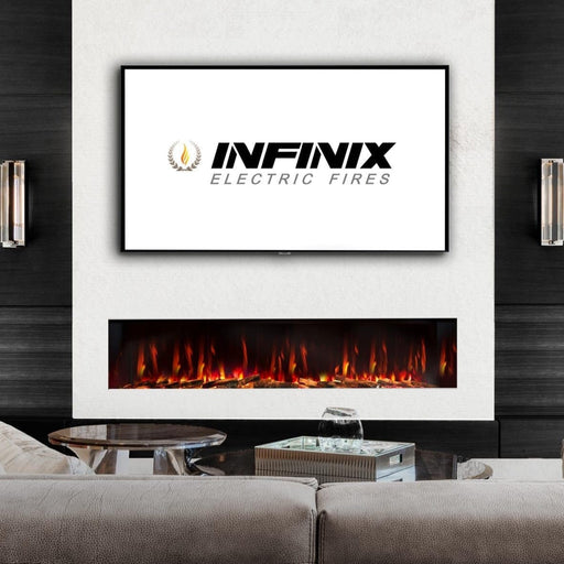 Infinix Landscape 1100 HD electric fire with orange flames built into a dark media wall below a TV - LUXE SUPPLIES