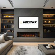 Infinix Landscape 1500 HD electric fire recessed into a media wall alcove between shelving - LUXE SUPPLIES