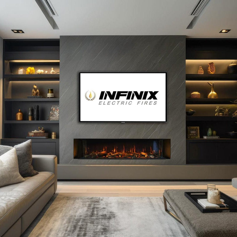 Infinix Landscape 1500 HD electric fire recessed into a media wall alcove between shelving - LUXE SUPPLIES