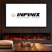 Infinix Landscape 1900 HD wide electric fire below a wall-mounted TV in a living room - LUXE SUPPLIES