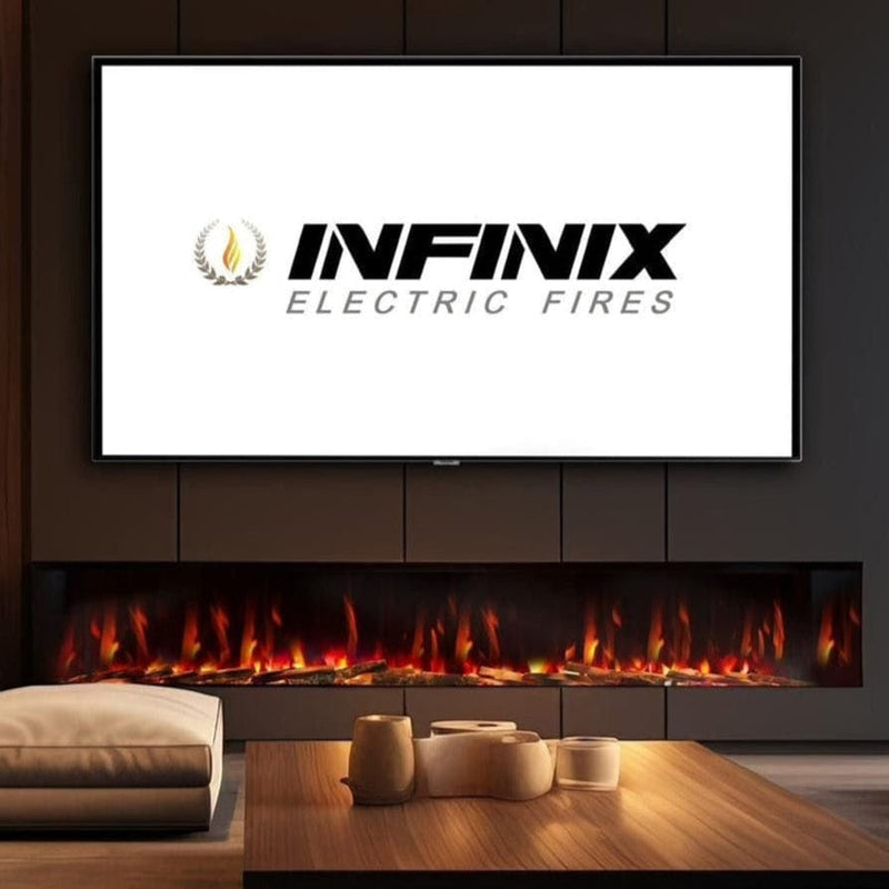 Infinix Landscape 1900 HD wide electric fire below a wall-mounted TV in a living room - LUXE SUPPLIES