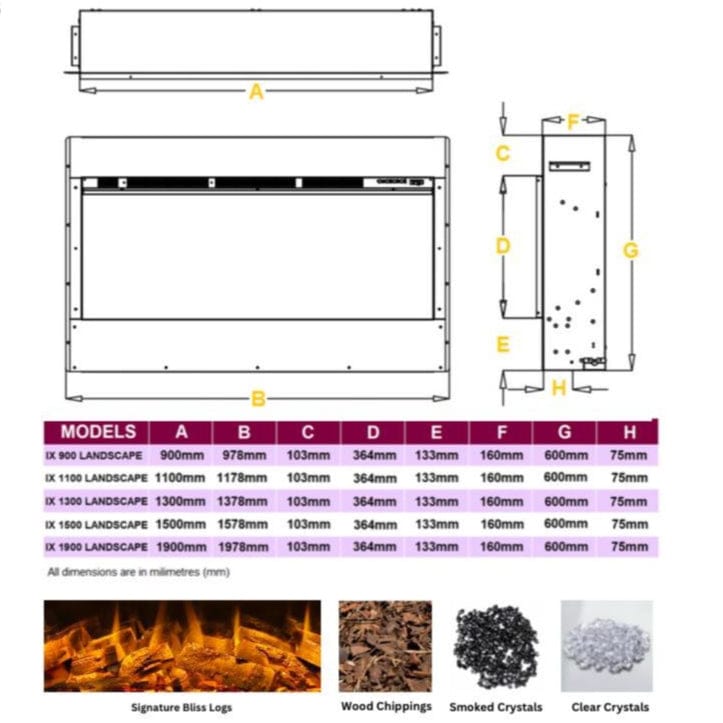Infinix Landscape HD electric fire dimensions diagram with fuel bed options - LUXE SUPPLIES