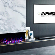 Infinix Panoramic 1000 HD electric fire with purple flames set into a marble-effect media wall - LUXE SUPPLIES