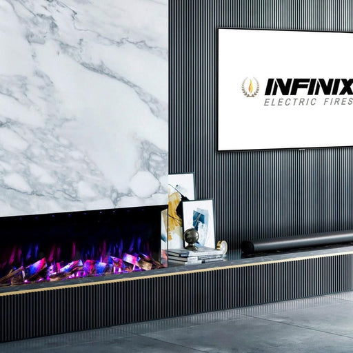 Infinix Panoramic 1000 HD electric fire with purple flames set into a marble-effect media wall - LUXE SUPPLIES