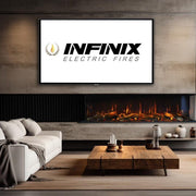 Infinix Panoramic 1300 HD electric fire built into a textured media wall with slatted panelling - LUXE SUPPLIES
