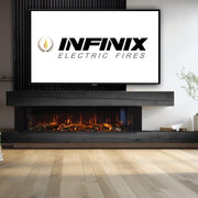 Infinix Panoramic 1500 HD electric fire below a TV on a grey media wall with floating shelf - LUXE SUPPLIES