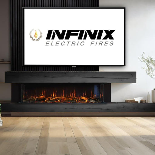 Infinix Panoramic 1500 HD electric fire below a TV on a grey media wall with floating shelf - LUXE SUPPLIES