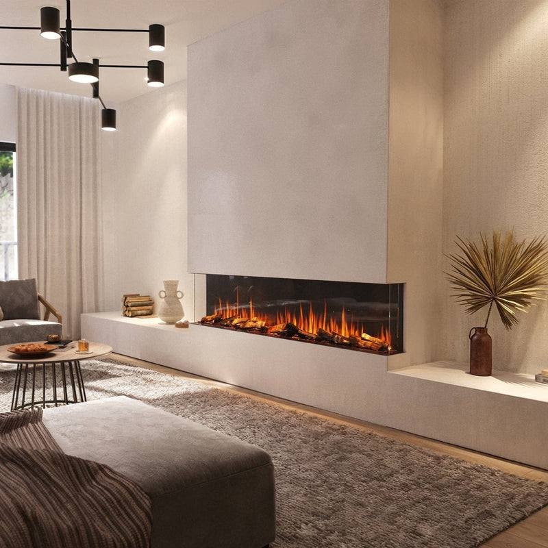 Infinix Panoramic 1800 HD wide electric fire in a bright living room wall unit - LUXE SUPPLIES