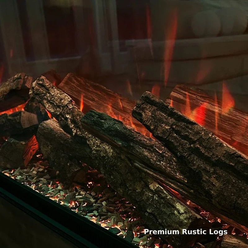Close-up of the Infinix Panoramic HD charred log fuel bed and flames - LUXE SUPPLIES