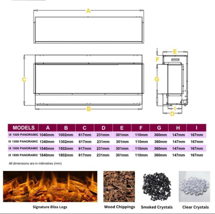 Infinix Panoramic HD electric fire dimensions diagram with fuel bed options - LUXE SUPPLIES